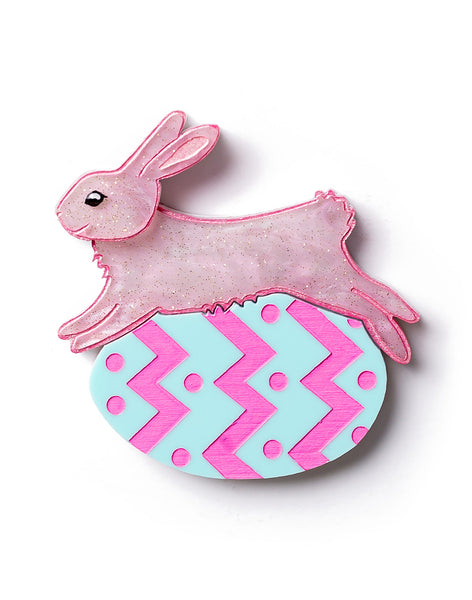 Acrylic Rabbit Jumping over Easter Egg Brooch