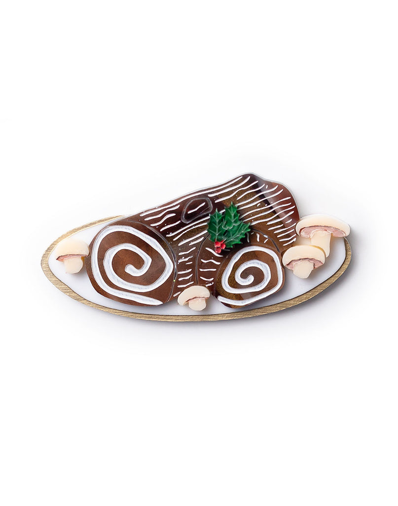 Acrylic Yule Log Brooch Holly Mushrooms
