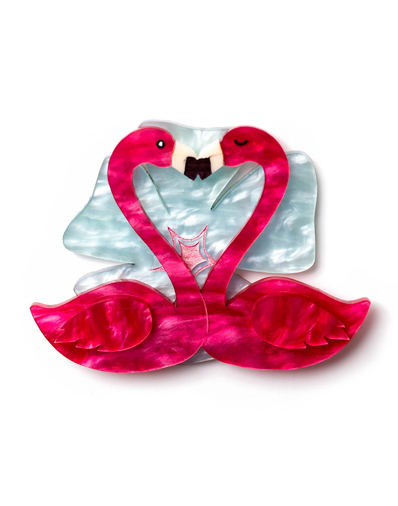 Acrylic dual kissing flamingos brooch