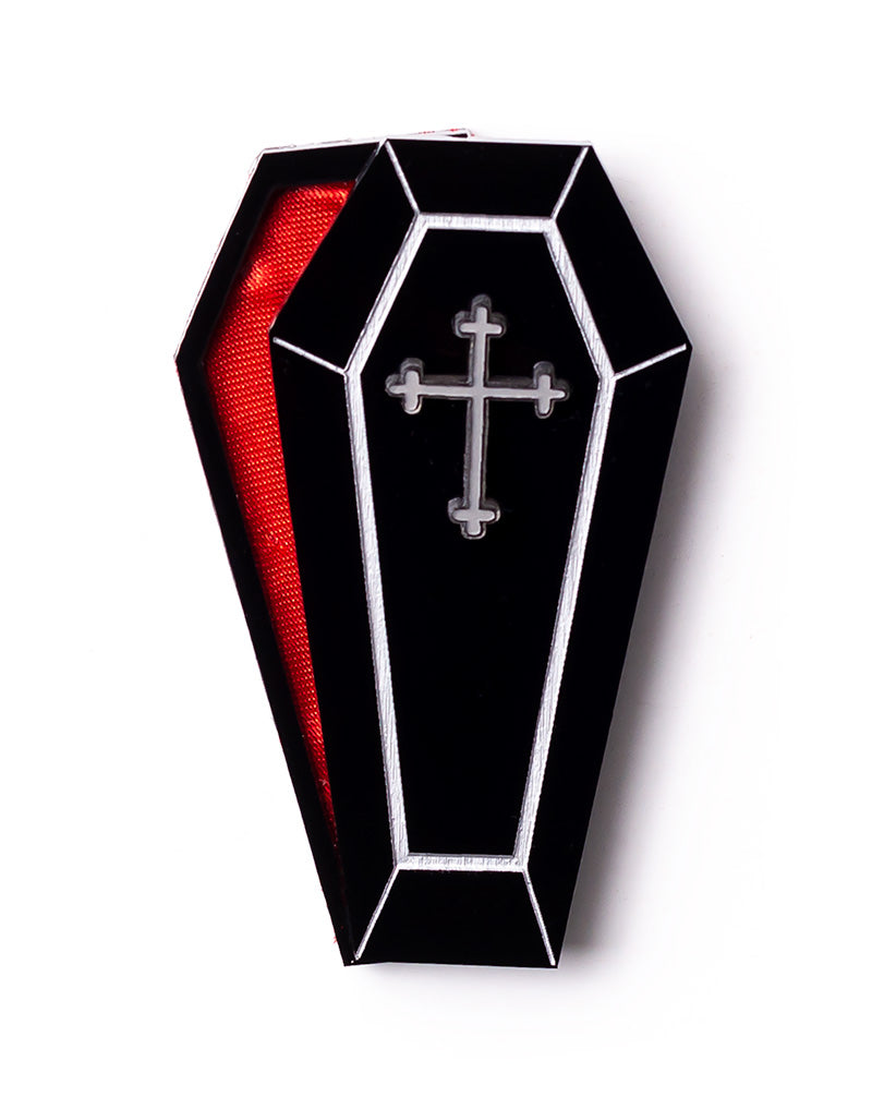 Acrylic Halloween Coffin Brooch with Crucifix