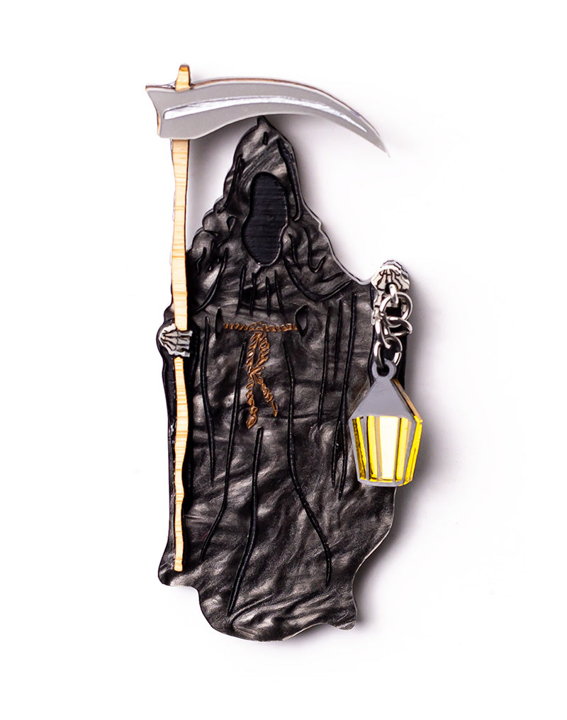 Acrylic Grim Reaper Brooch with scythe lantern
