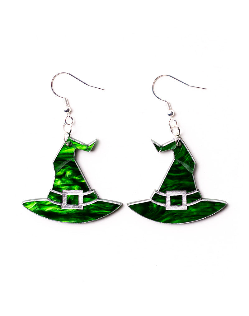 Acrylic Green Witch Hat Earrings