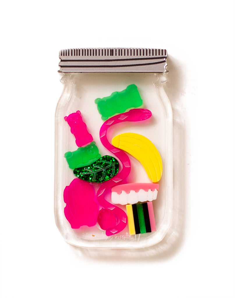 Miniature acrylic party mix lolly jar brooch