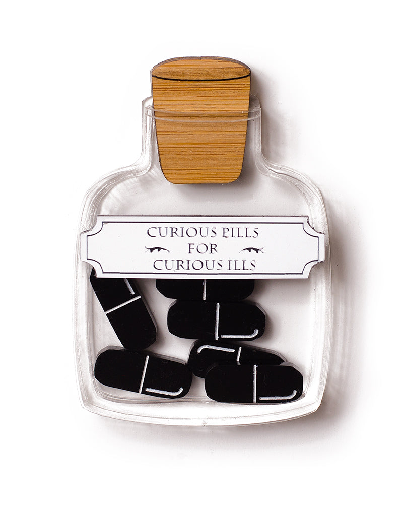 Pill Bottle - Curious Pills Brooch Black