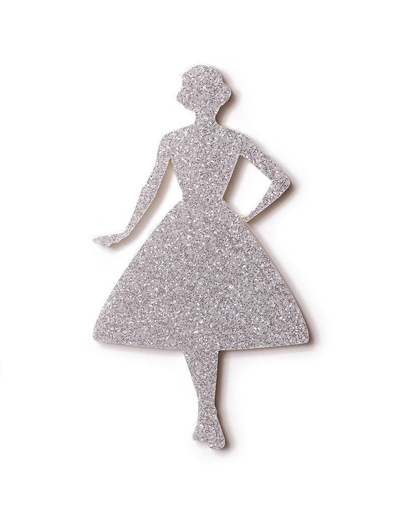 Vintage Lady Brooch - Single Sided Silver Glitter